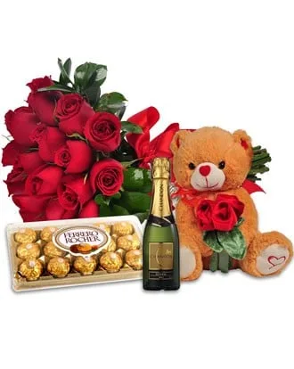 Combo Amor Completo: Flores, Baby Chandon e Pelúcia