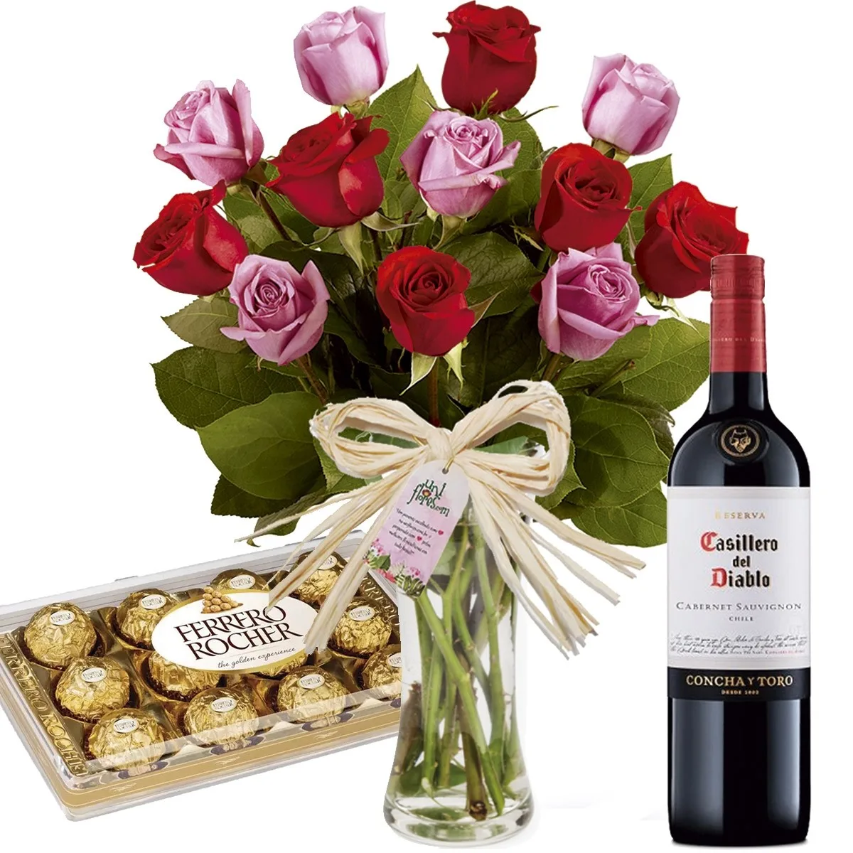 Buquê dos Namorados de rosas coloridas no vaso com Vinho e Chocolates