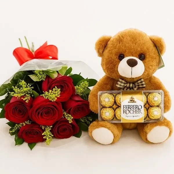 6 Rosas Com Ferrero Rocher E Pelúcia