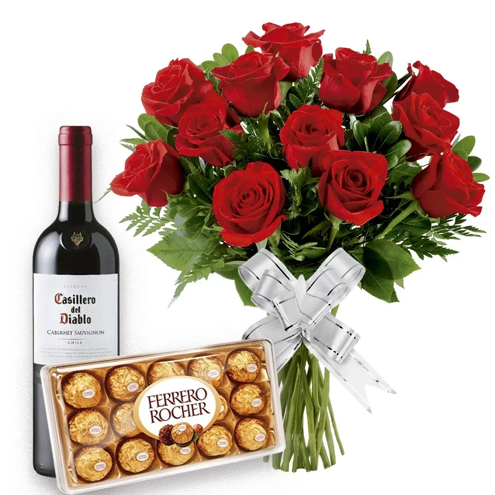 Buquê de Flores Tradition 12 Rosas com Bombons e Vinho