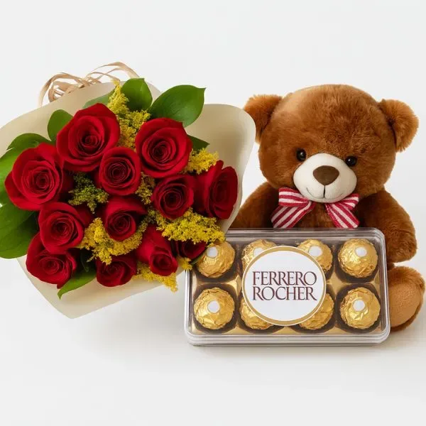 12 Rosas Com Ferrero Rocher E Pelúcia