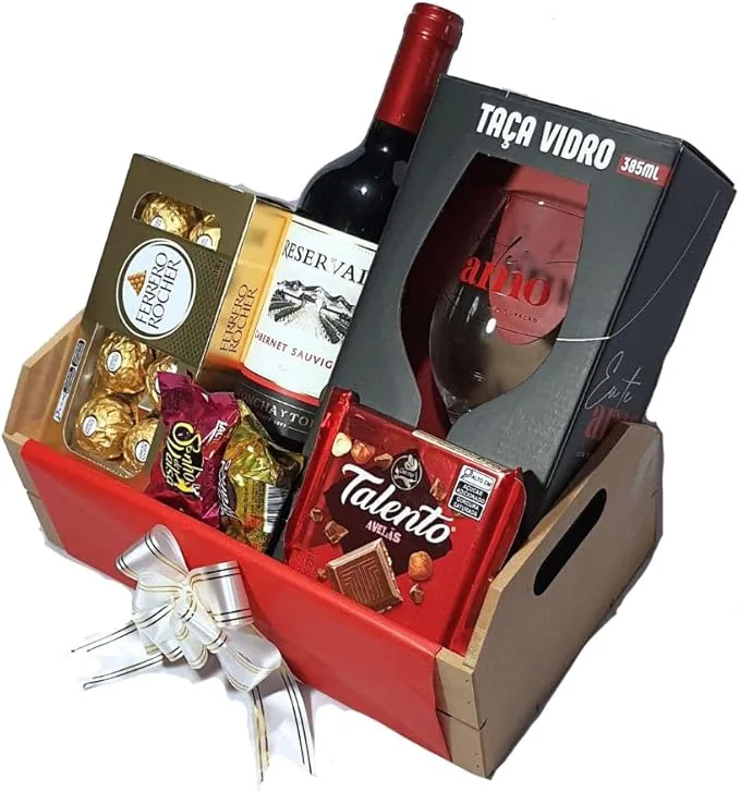 Cesta De Presente Namorados Com Vinho, Chocolates E Taça Te Amo
