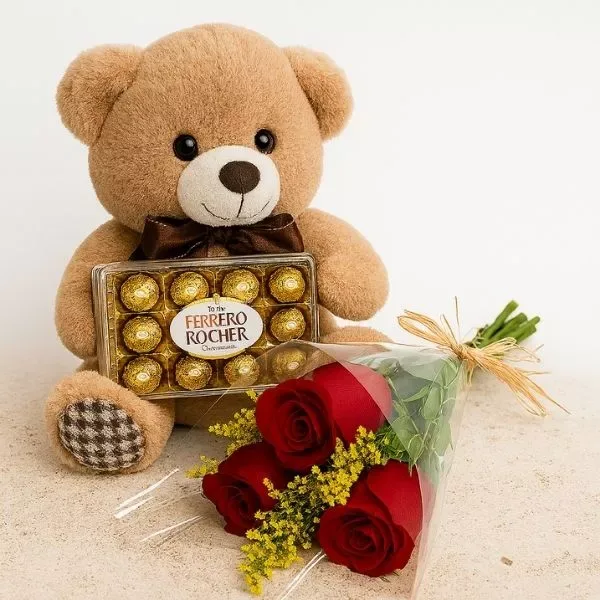 3 Rosas Com Ferrero Rocher E Pelúcia