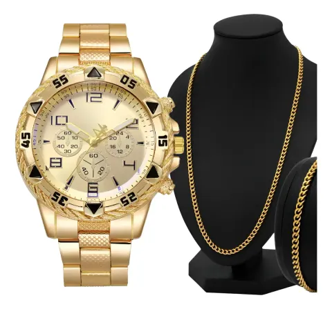 Relógio Masculino Prova D’água Quartzo Kit Corrente Pulseira