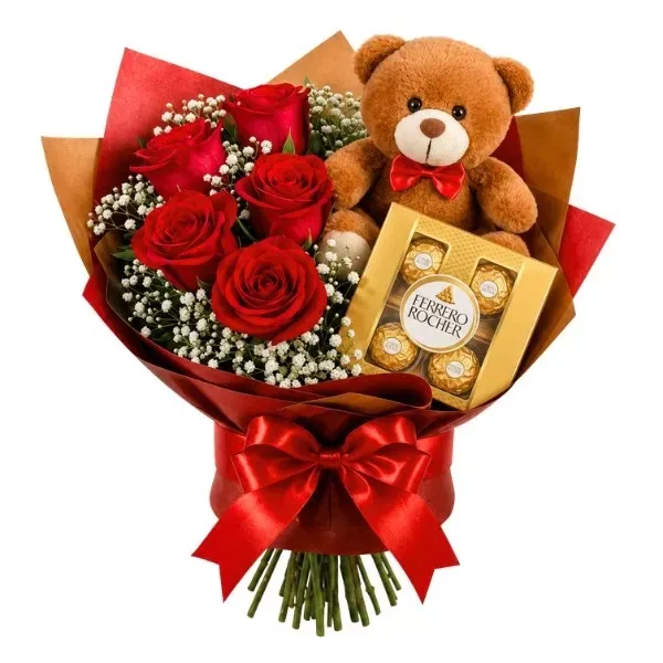 Ramalhete De 5 Rosas Vermelhas Com Pelúcia E Chocolate