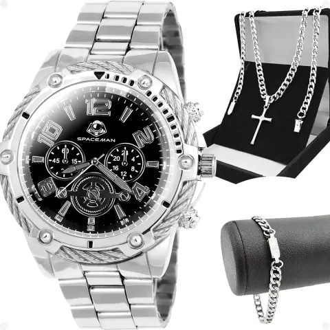 Kit Relógio Masculino Orizom Spaceman Aço Inoxidável + Corrente Cruz