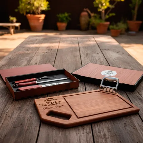 Kit Churrasco Tabua Personalizado Caixa Faca Garfo Afiador