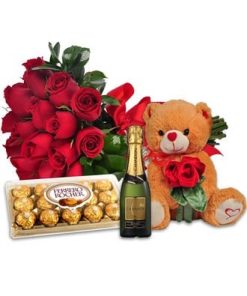 Combo Amor Completo: Flores, Baby Chandon e Pelúcia